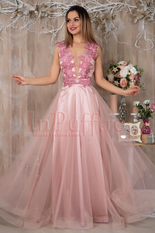 Rochie Pretty Girl lunga de seara lila cu tul si broderie