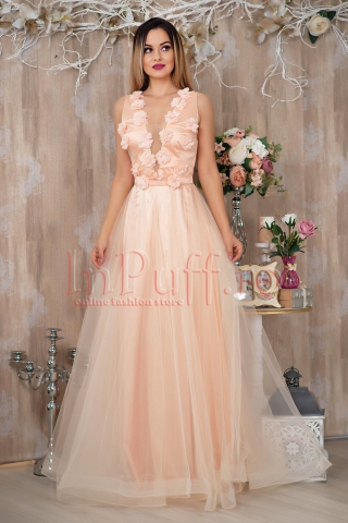 Rochie Pretty Girl lunga rose cu flori 3D si tul