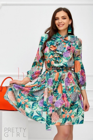 Rochie Pretty eleganta din saten cu imprimeu floral si jabou