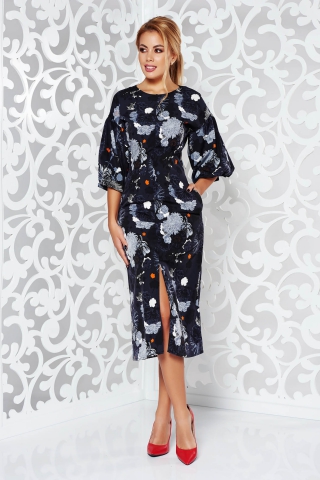 Rochie StarShinerS albastra-inchis eleganta midi cu maneca scurta din material neelastic cu spatele decupat