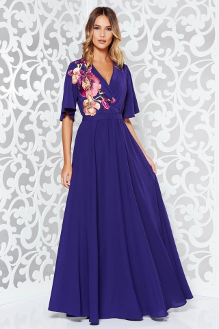 Rochie StarShinerS mov de ocazie din voal captusita pe interior cu elastic in talie si maneci largi