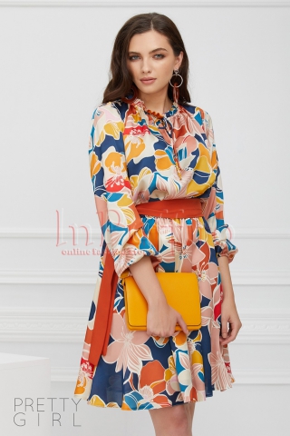 Rochie caramizie din matase cu imprimeu floral