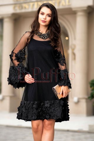 Rochie neagra din tul brodat cu aplicatii 3D