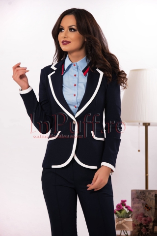 Sacou casual bleumarin cu insertii albe