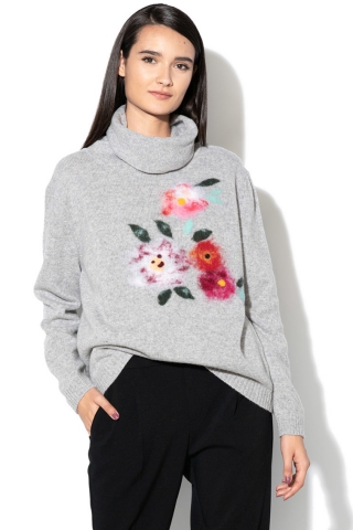 United Colors of Benetton Pulover din amestec de lana cu guler inalt si aplicatii florale