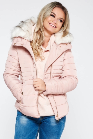 Geaca roz deschis casual din fas imblanita cu guler din blana