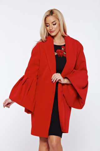 Palton Ana Radu rosu elegant din lana captusit pe interior cu maneci clopot