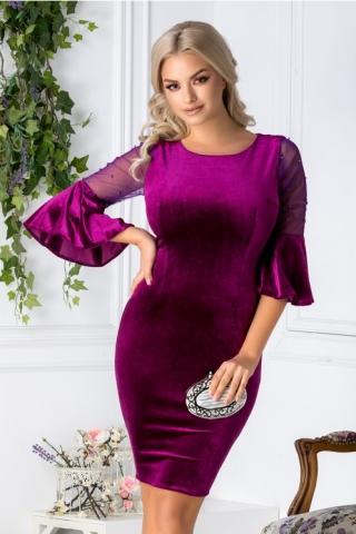 Rochie Mabel mov din catifea cu reflexe si perle