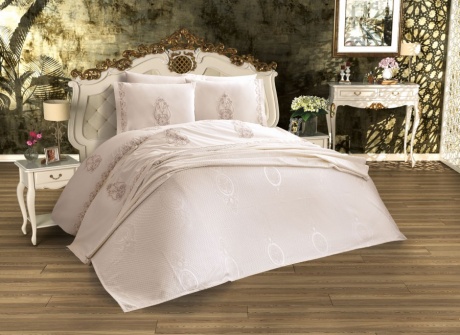 Set de lux cuvertura jacquard + cearceaf pat + 4 fete perna, Nevra Cream