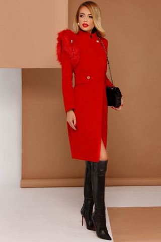 Palton PrettyGirl rosu elegant cu un croi drept din stofa neelastica captusit pe interior cu insertii cu blana ecologica
