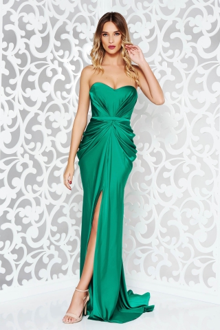 Rochie Ana Radu verde-inchis de lux cu umeri goi din material satinat cu push-up