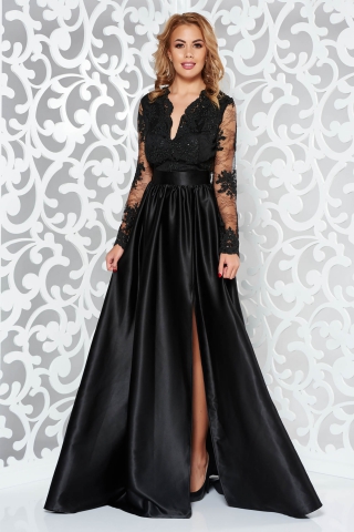 Rochie Artista neagra de ocazie din material satinat si dantela cu bust buretat si decolteu in v