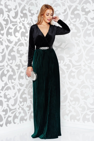 Rochie Artista verde-inchis de ocazie din catifea cu decolteu in v accesorizata cu cordon