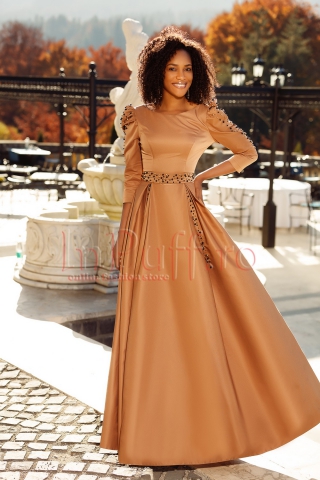 Rochie Atmosphere lunga din tafta , cu perle de culoare cappuccino