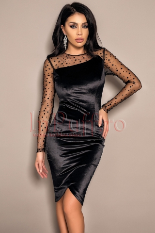 Rochie Atmosphere neagra din catifea cu maneca din tull