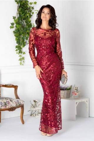 Rochie Catina rosie lunga din dantela brodata