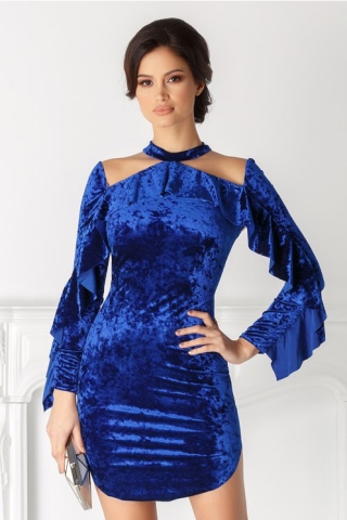 Rochie Charlote albastra din catifea cu volane