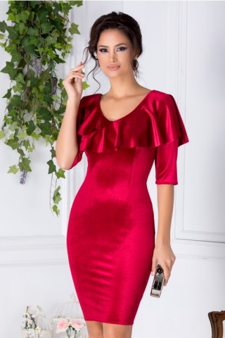 Rochie Daria rosie din catifea cu volane