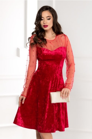Rochie Doris rosie din catifea cu reflexe si perle
