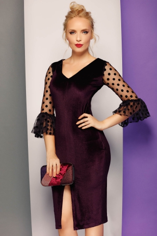 Rochie Fofy visinie de ocazie tip creion din catifea cu decolteu in v