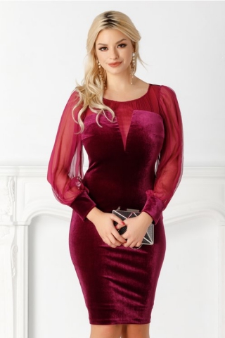 Rochie Ginette magenta din catifea si maneci din voal
