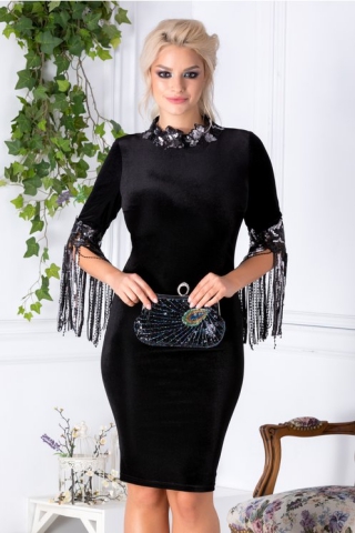 Rochie Leonard Collection neagra cu broderie si franjuri din paiete