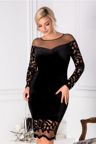 Rochie Leonard Collection neagra din catifea cu dantela aplicata pe maneci