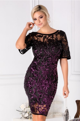 Rochie Leonard Collection neagra din tull cu paiete negru si mov