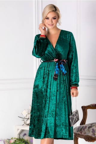 Rochie Moly verde din catifea cu cordon in talie
