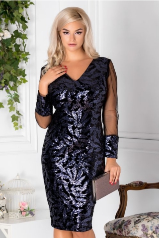 Rochie Moze de ocazie neagra cu broderie din paiete bleumarin