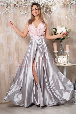 Rochie Pretty Girl lunga de seara din saten cu flori 3D