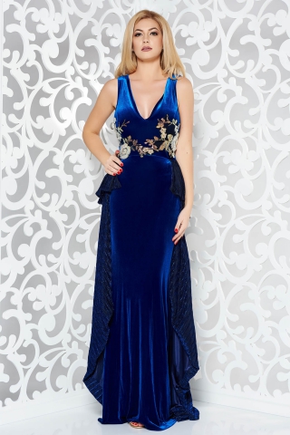 Rochie StarShinerS albastra de ocazie tip sirena din catifea cu insertii de broderie