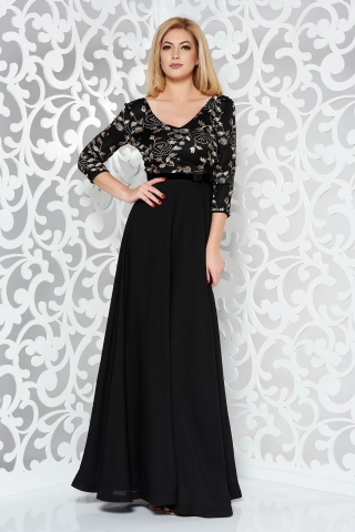 Rochie StarShinerS neagra de ocazie din voal captusita pe interior cu aplicatii de tul brodat
