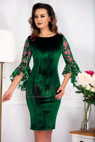 Rochie de seara verde smarald MBG conica din catifea