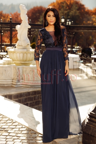 Rochie lunga de seara bleumarin cu aplicatii din dantela