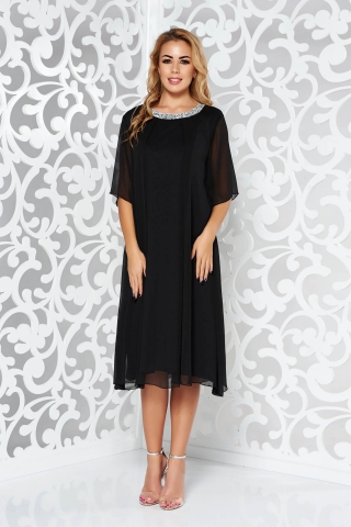 Rochie neagra de ocazie cu croi larg din material vaporos captusita pe interior cu aplicatii stralucitoare