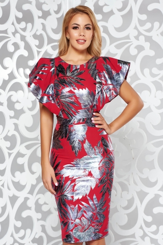 Rochie rosie de ocazie tip creion din material usor elastic cu imprimeu floral stralucitor