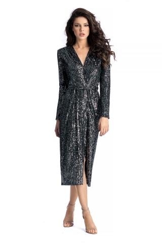 Rochie Ana Radu neagra de ocazie in clos cu paiete cu decolteu in v accesorizata cu cordon