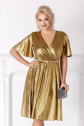 Rochie Aurora aurie cu decolteu petrecut si curea in talie