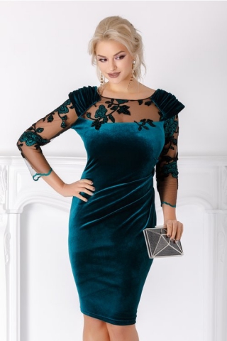 Rochie Leonard Collection verde smarald din catifea cu tull brodat