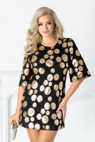 Rochie Sory neagra cu buline din paiete aurii