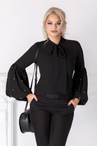 Bluza Brigitte neagra cu maneci bufante si perlute