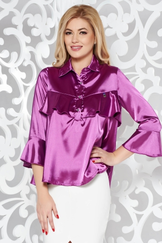 Bluza dama MissQ mov eleganta cu croi larg din material satinat cu volanase