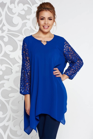 Bluza dama albastra eleganta asimetrica cu croi larg din voal cu maneci din dantela