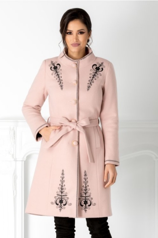 Palton Emy roz cu broderie neagra si cordon in talie