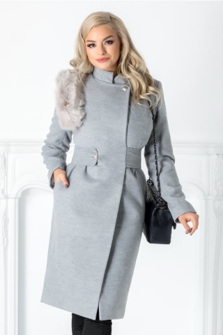 Palton Hanna gri cu accesoriu blanita pe umar