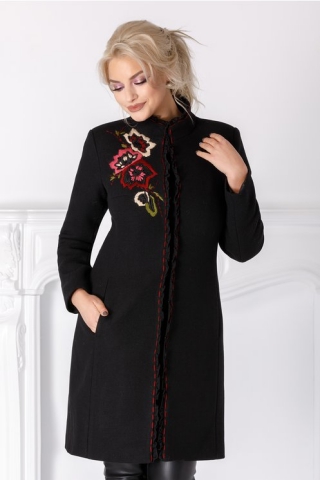 Palton LaDonna negru cu volanase si broderie
