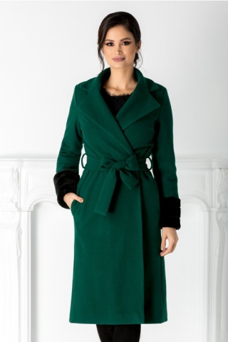 Palton LaDonna verde cu cordon in talie