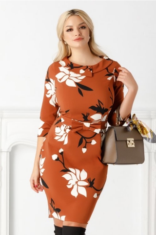 Rochie Cecilia maro cu imprimeu floral alb si negru