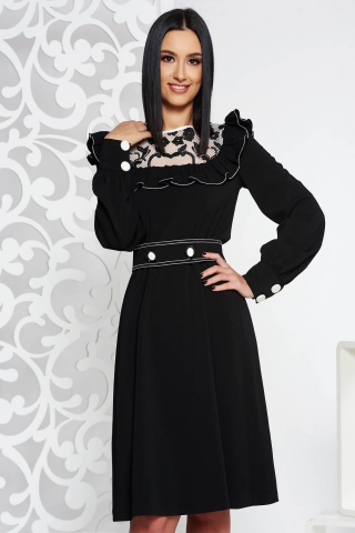 Rochie LaDonna neagra eleganta din stofa neelastica cu volanase cu aplicatii de dantela accesorizata cu cordon